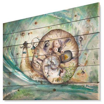 Designart Snail His House Animals Painting Wood Wall Art 46x36