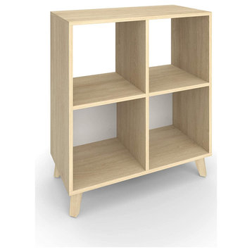Modern Bookcase, Cube Design With Tapered Feet & 4 Compartments, Teak