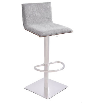 Elegant Bar Stool, Armless Grey Fabric Seat With Unique Patterned Back Exterior
