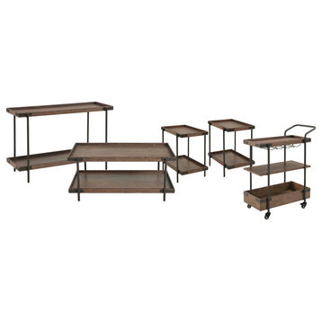 Kyra 5-Piece Oak and Metal Accent Table Set: Coffee, Side, Console, Bar Cart