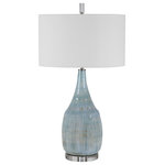 Uttermost - Rialta Table Lamp - Showcasing a refined coastal style, this table lamp has a ceramic base finished in an aqua and teal crackle glaze with touches of rust brown. Polished nickel and crystal accents highlight the design. The lamp is paired with a round hardback drum shade in a white linen fabric.