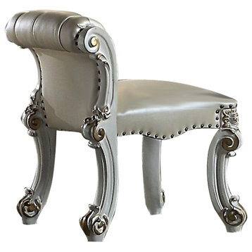 ACME Vendome Vanity Stool, Beige Synthetic Leather & Antique Silver Finish