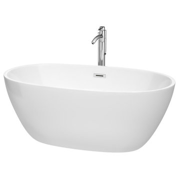 59" Freestanding Bathtub, White, Floor Mounted Faucet, Drain, Trim, Chrome