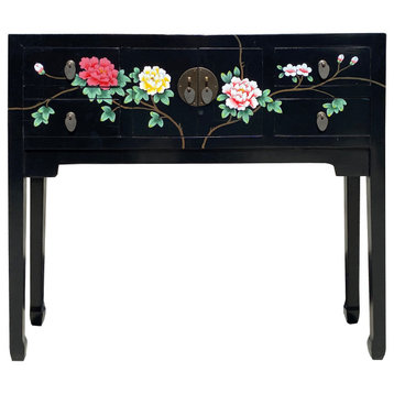 Black Lacquer Flower Graphic 4 Drawers Slim Narrow Foyer Side Table Hcs7347