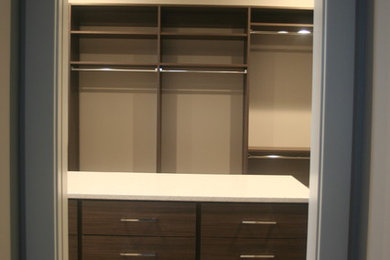 Example of a large transitional carpeted and beige floor walk-in closet design in Other with flat-panel cabinets and medium tone wood cabinets