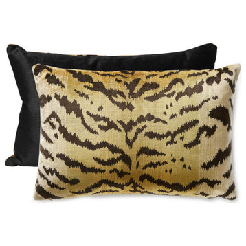 Tigre-Silk/Indus Lumbar Pillow, Ivory, Gold & Black, 22" X 14"