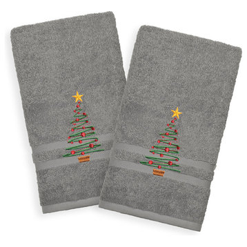 Christmas Tree, Embroidered Luxury Denzi Hand Towels, Set of 2, Dark Gray