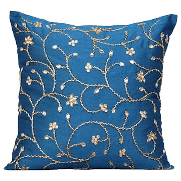 Blue Throw Pillow Covers 16"x16" Silk, Peacock Blue Ivy