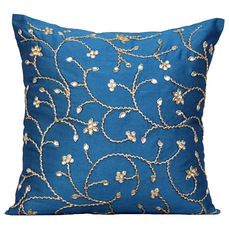 Blue Floral Throw Pillows 20"x20" Zardozi Sofa Pillow Covers, Art Silk