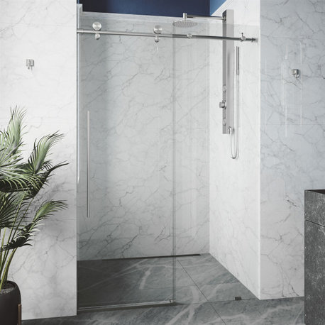 VIGO Elan E-Class 56" to 60" W x 76" H Frameless Sliding Shower Door, Stainless Steel, Clear Glass