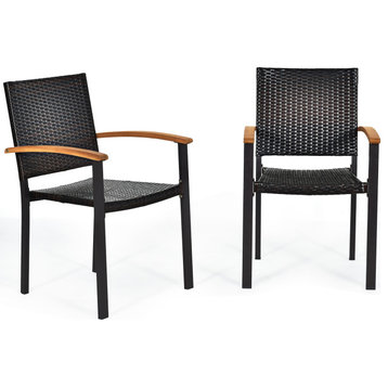 Costway Set of 2 Outdoor Patio PE Rattan Dining Chairs Armrest Stackable Garden