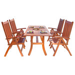 More4Home - Zenith 5-piece Reddish Brown Wood Patio Dining Set with Reclining Chairs - With this Zenith 5-piece Reddish Brown Hard Wood Patio Dining Set with Curvy Leg Table & Reclining Chairs, make room for upcoming dinner parties, leisurely summer cocktails, and the maximization of fresh breezes!