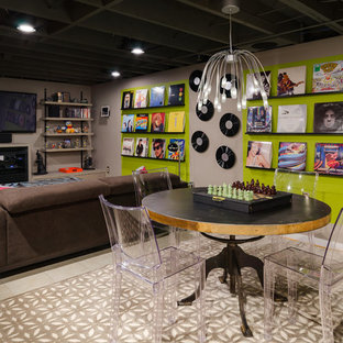 Medium sized contemporary look-out basement in Richmond with multi-coloured walls, terracotta flooring and no fireplace.