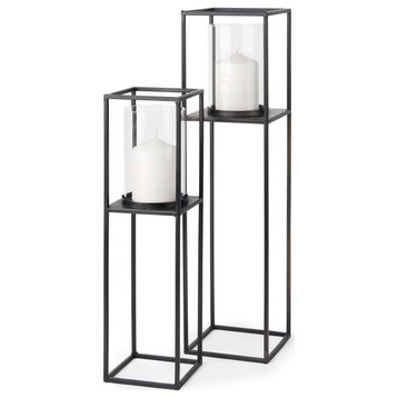 Set of 2 Matte Black Metal and Hurricane Glass Pillar Tabletop Candle Holders