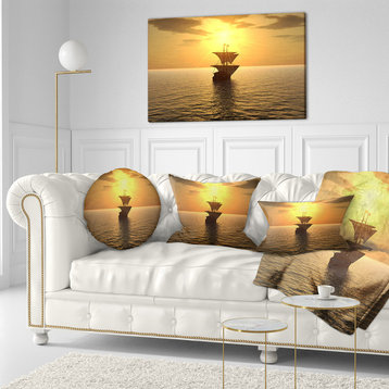 Ship And Sunset Seascape Photography Throw Pillow, 12"x20"