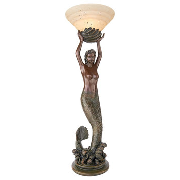 Craftsman Table Lamp, Sculpted Mermaid Body With Shell Shade, Faux Bronze