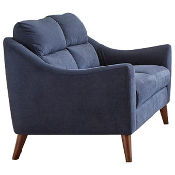 Fabric Upholstered Loveseat With Sloped Arms and Wood Legs, Navy Blue