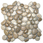 CNK Tile - Glazed Java Tan and White Pebble Tile - Each pebble is carefully selected and hand-sorted according to color, size and shape in order to ensure the highest quality pebble tile available. The stones are attached to a sturdy mesh backing using non-toxic, environmentally safe glue. Because of the unique pattern in which our tile is created they fit together seamlessly when installed so you can't tell where one tile ends and the next begins!