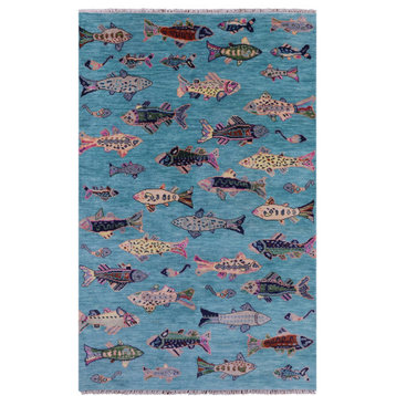 5' 1" X 8' 2" Gabbeh Fish Design Hand-Knotted Wool Rug - Q15349