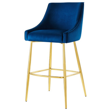 Bar Stool Chair Barstool, Blue Navy, Velvet, Modern, Mid Century Lounge Dining