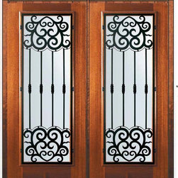 Prehung Double Door 80 Wood Mahogany Barcelona Full Lite Wrought Iron - Front Doors
