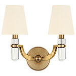 Hudson Valley Lighting - Dayton, Two Light Wall Sconce, Aged Brass Finish, White Faux Silk Shade - Dayton's strong arms hold smooth crystal columns, for a look of confident glamour. The chandelier's central crystal teardrop showcases the material's pristine beauty. Softly textured tailored shades balance the sheen of Dayton's glass and metal.