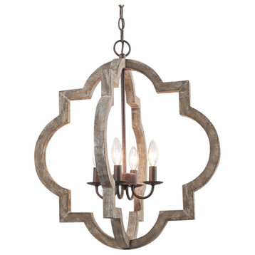 LNC Farmhouse and Rustic Gray white 4-Light Lantern Cage Wood Chandeliers