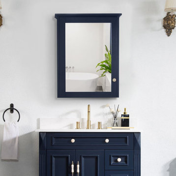 Solid Wood Bathroom Medicine Cabinet With Silver Coated Mirror, Navy Blue, 24x30