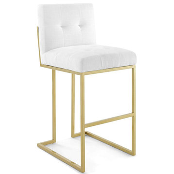 Modern Elegant Bar Stool, Gold Base & Polyester Seat With Biscuit Tufting, White