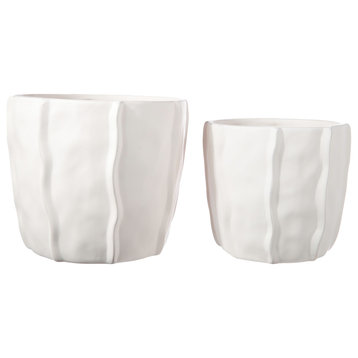 Round Ceramic Pot with Embedded Wave Design Body Matte White Finish, Set of 2