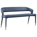 Meridian Furniture - Destiny Upholstered Bench, Navy, Vegan Leather - Enjoy extra seating space in your home with this Destiny navy leather bench. Its soft, navy leather upholstery offers coziness while sitting, ensuring you and your guests are always comfortable. A rounded, open back provides additional comfort as well as style. Gold tipped upholstered legs give this bench an extra touch of style that complements any contemporary living space. Its long length guarantees that you'll always have extra space to seat family and friends who visit.