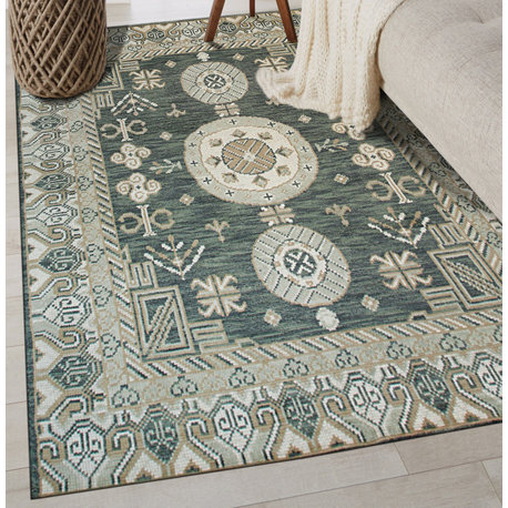 Hand Knotted Wool Green Traditional Oriental Khotan Rug, 8'x10'
