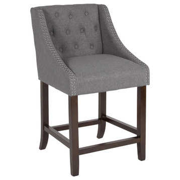 24" Dark Gray Fabric Tufted Barstool With Walnut Frame and Accent Nail Trim