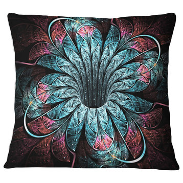 Glittering Dark Fractal Flower Digital Art Floral Throw Pillow, 16"x16"