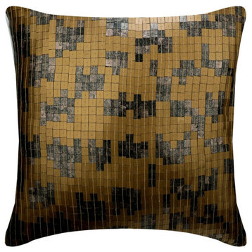 Handmade 24"x24" Sequins Antique Gold Art Silk Cushion Cover, Checkered Gold