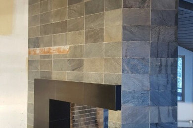2 sided Frank Lloyd Wrightinspired tiled fireplace