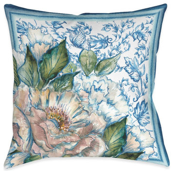 Chinoiserie Blooming Flowers Outdoor Pillow, 18"x18"