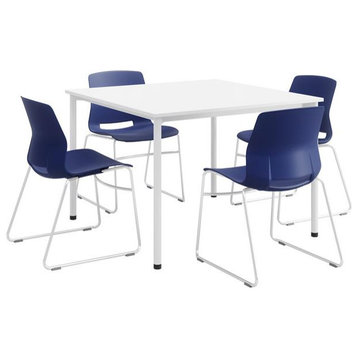 KFI Dailey 42in Square Dining Set - White Table - Navy Sled Chairs