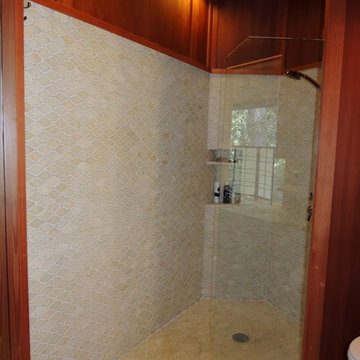 View of new Master Bath shower: Master Bath created from re-purposing exterior S