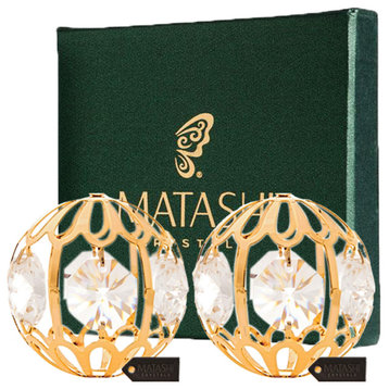 Pair of 24K Gold Plated Crystal Studded Christmas Ball Ornament by Matashi