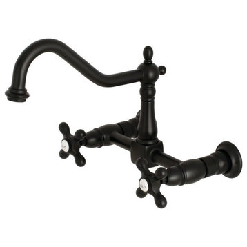 Classic Wall Mounted Kitchen Faucet, Curved Spout & 2 Levers, Matte Black