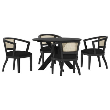 Bannock Contemporary Upholstered Wood and Cane 5 Piece Dining Set, Black + Natural Brown, Fabric