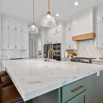 Modern Lakeside Farmhouse Kitchen with Marble Waterfall Island and Textured Back