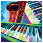 DDCG - Painted Colorful Saxophone 20"x20" Print on Canvas - This canvas features a colorfully painted saxophone and piano to help you match your personal style in your interior decor.    The result is a stunning piece of wall art you will love. Made to order.
