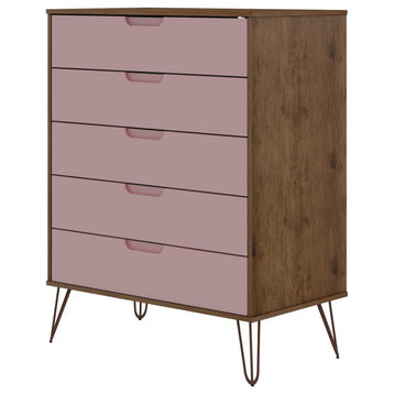 Midcentury Dresser, 5 Storage Drawers and Hairpin Metal Legs, Nature/Rose Pink