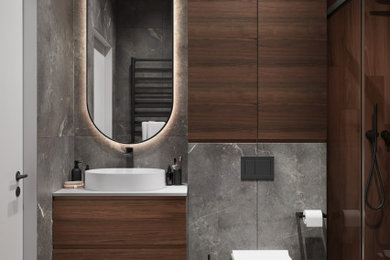 Trendy master single-sink bathroom photo in San Francisco with flat-panel cabinets, brown cabinets and a floating vanity