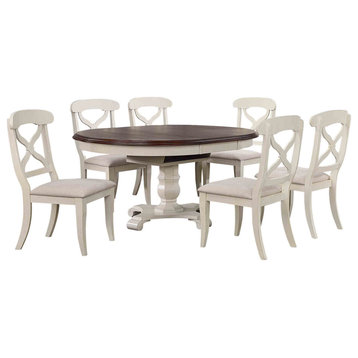 7-Piece 48" Round Or 66" Oval Extendable Dining Set, White and Chestnut Brown