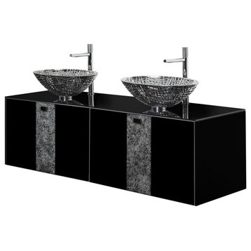 Luxury Crystal Double Vanity 63", Black, Dounle Sink, Wall-mounted