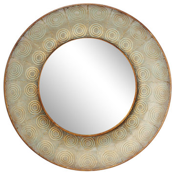 Pierced Gold Metal Large, Round Wall Mirror with Eclectic Circle Designs