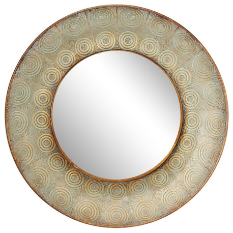 Pierced Gold Metal Large, Round Wall Mirror with Eclectic Circle Designs